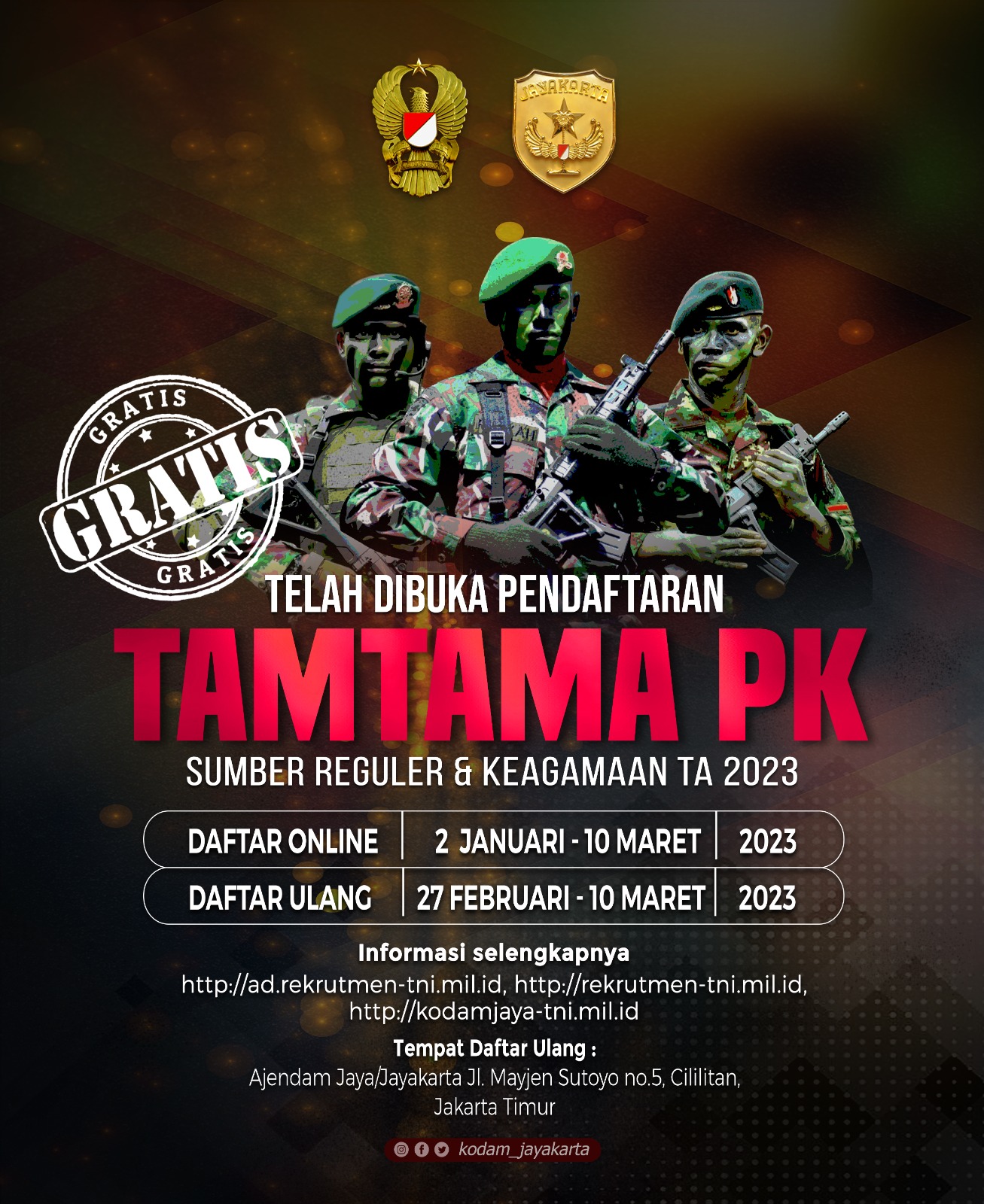 Pembukaan Pendaftaran Tamtama PK Reguler dan Keagamaan TA 2023