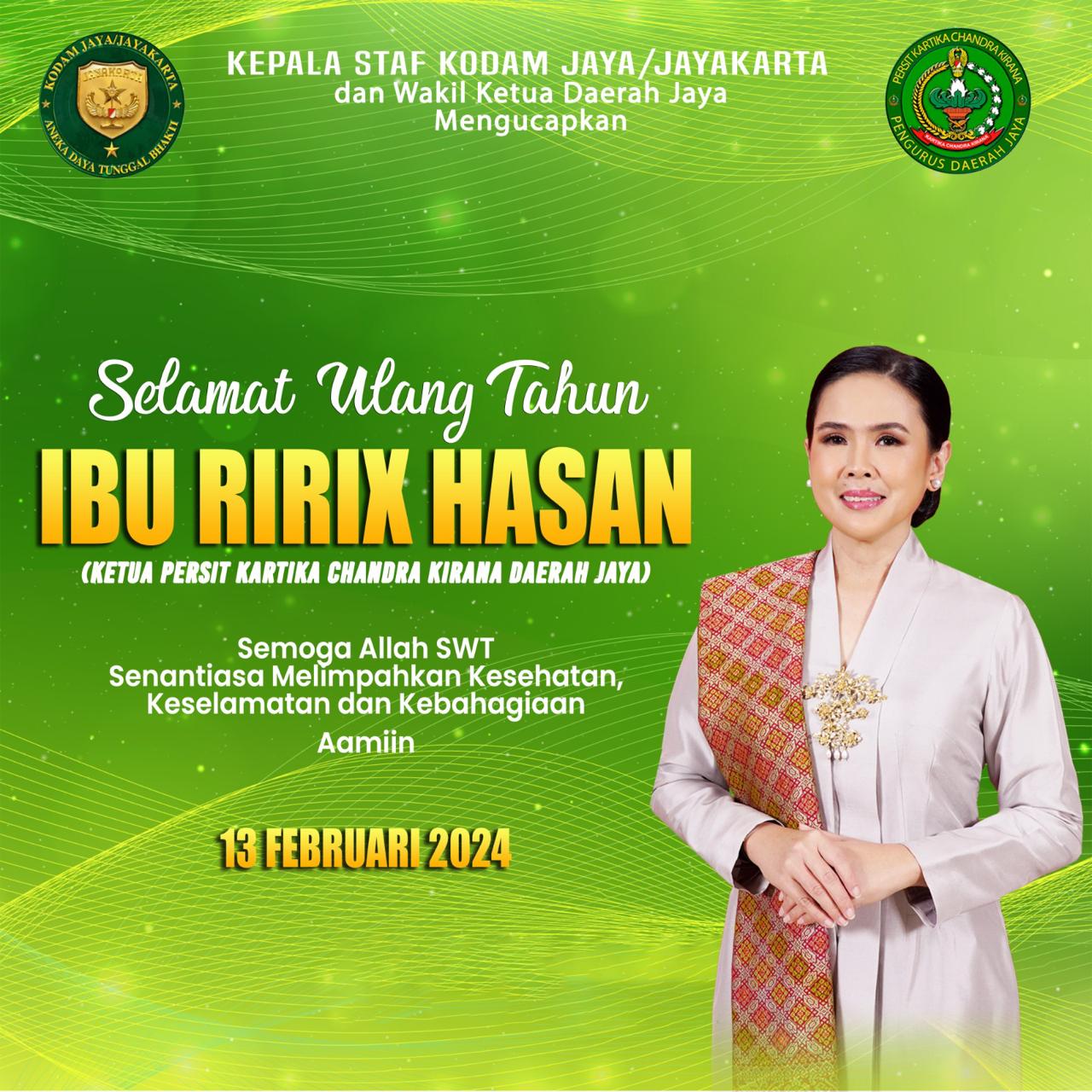 Selamat Ulang Tahun Ibu Ririx Hasan (Ketua Persit Kartika Chandra Kirana Daerah Jaya)
