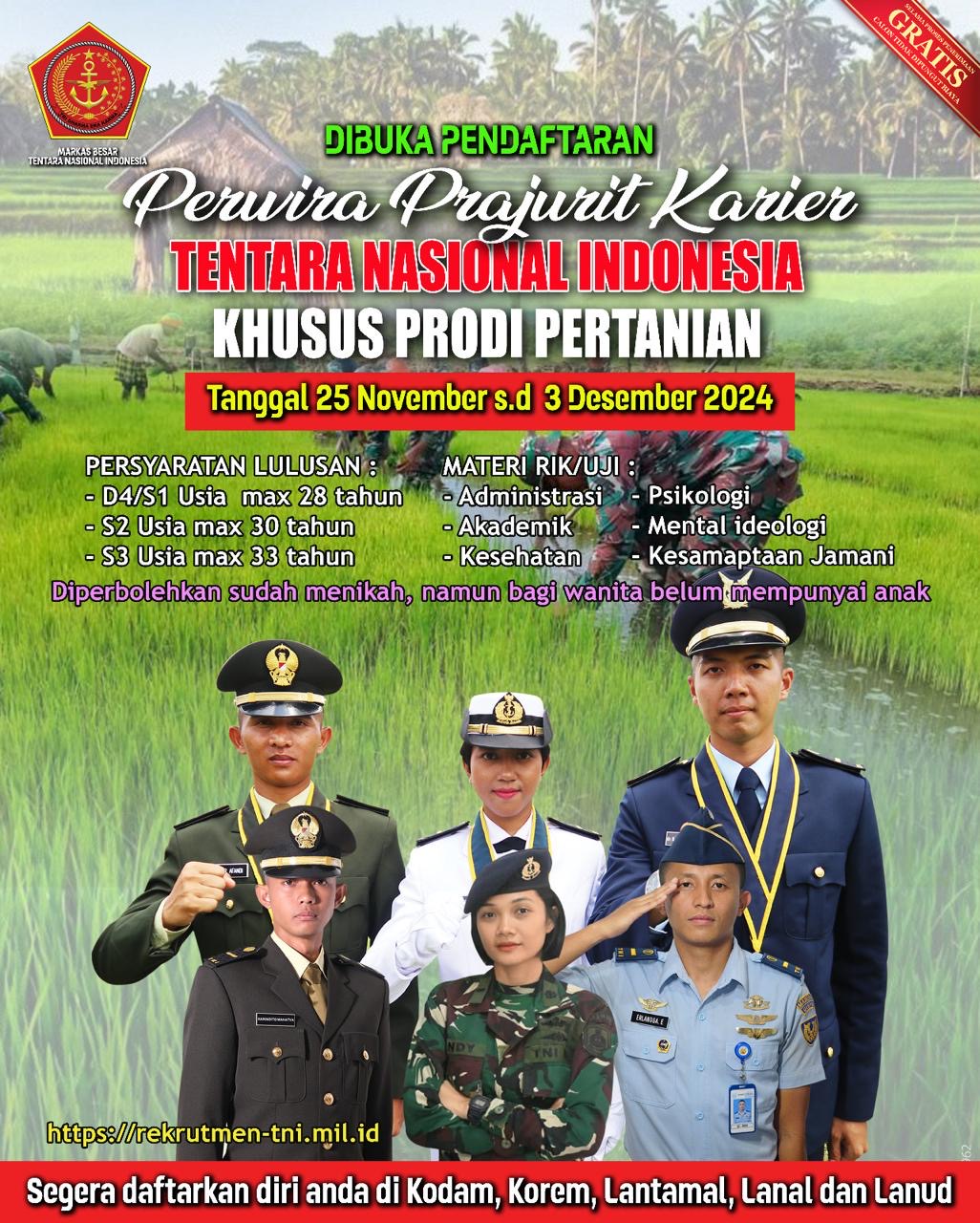 Penerimaan Perwira Karier TNI Prodi Pertanian
