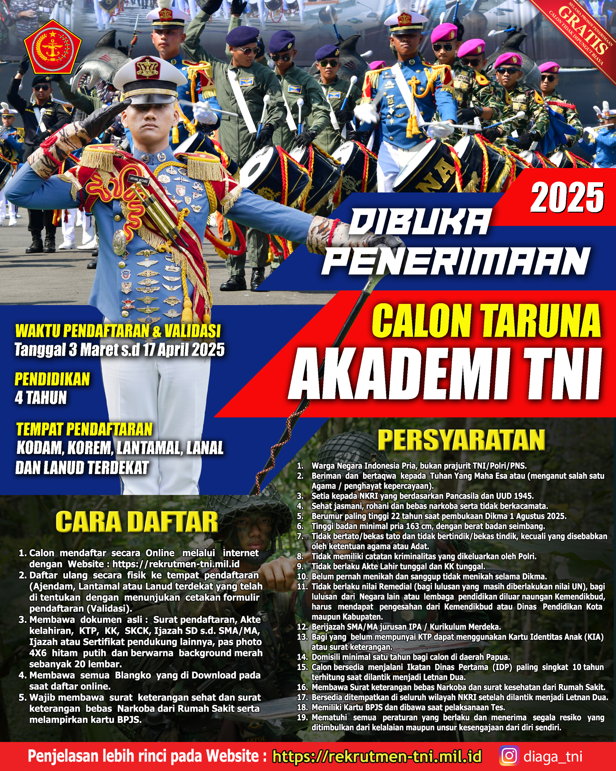 Ayoo Putra Terbaik Bangsa segera daftarkan diri untuk menjadi Calon TARUNA AKADEMI TNI 2025