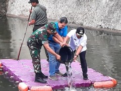 Bangun Kemandirian Masyarakat, Danramil 03/GP Mayor Inf Manatap Rajagukguk Tebar Benih Ikan di Waduk Hankam Palmerah